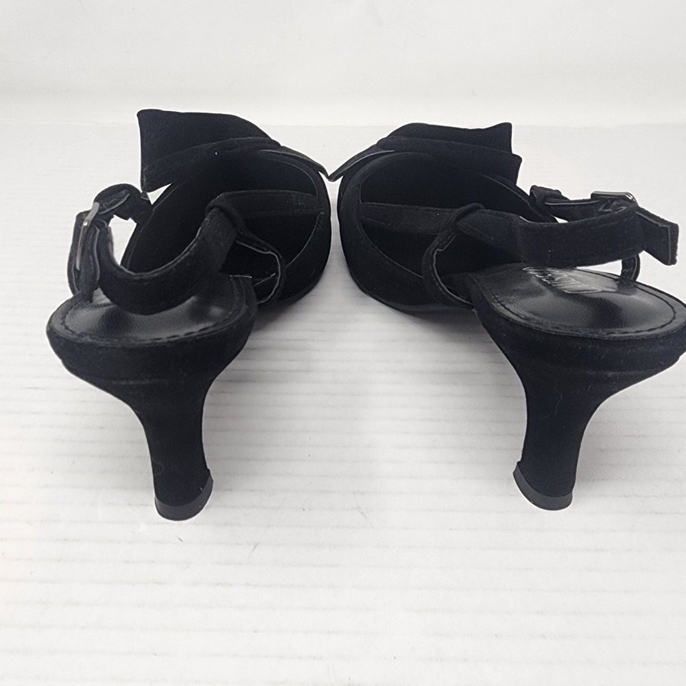 CAMSCOO Black Suede Pointed Toe Slingback Bow Kitten Heels Women Size 7.5 - Picture 10 of 12